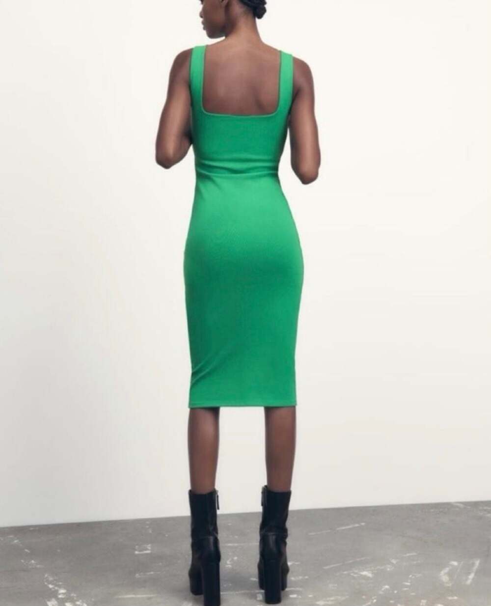 Zara Green Square Neck Ribbed Midi Bodycon Dress